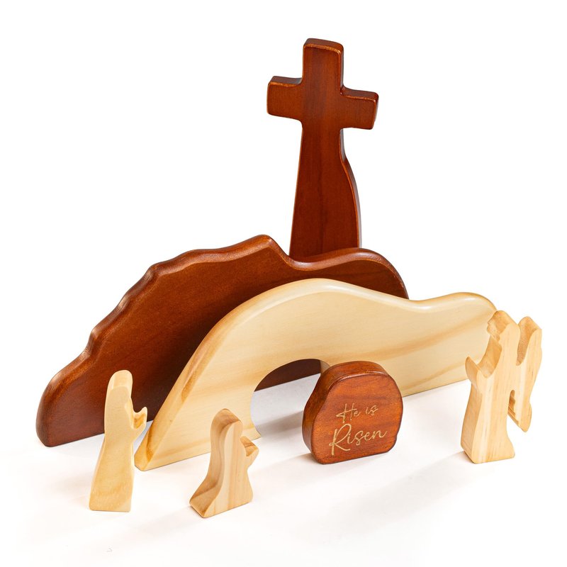 RUSATEN He is Risen Easter Decor – Wooden Resurrection Scene with Empty Tomb, Cross & Figurines, Christian Religious Tabletop Decoration for Home, Faith Easter Gift, Easter Basket Stuffer