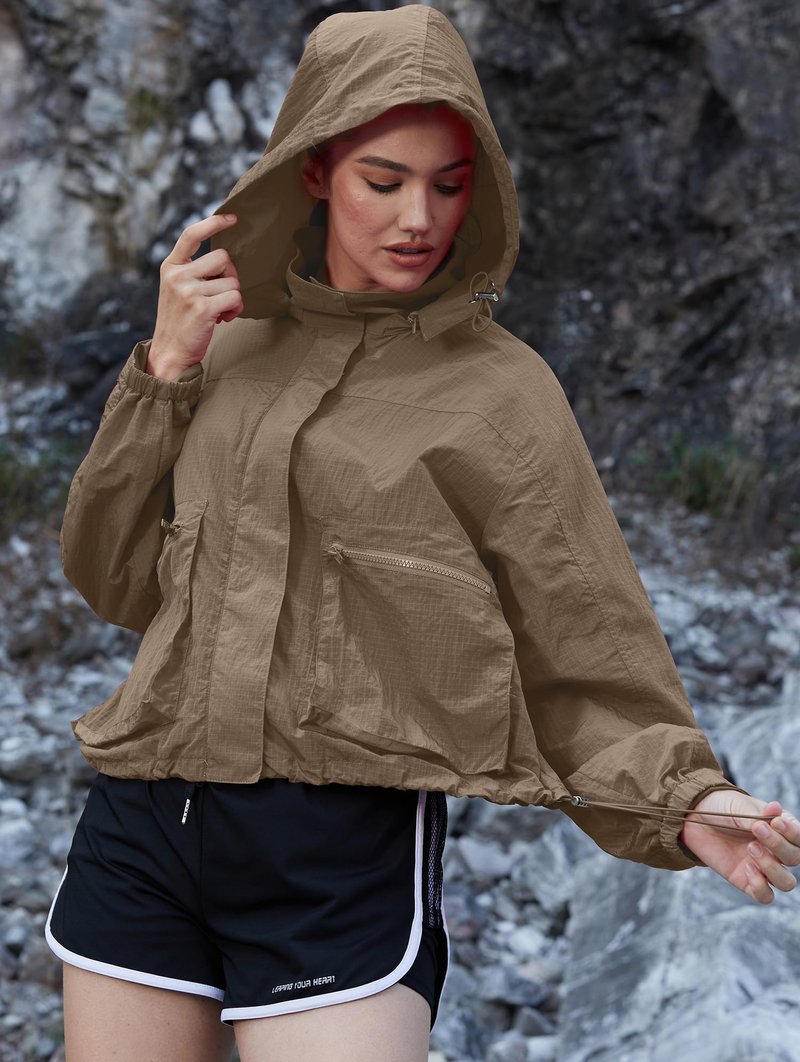 PESION Women's Waterproof Rain Jacket Lightweight Hooded Raincoat for Hiking Travel Outdoor, Khaki, Medium