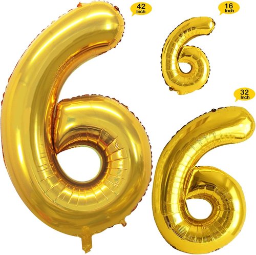GOER Gold Foil Number 6 Balloons - Huge 42" & 32" Birthday Party Decorations (3 Pcs)