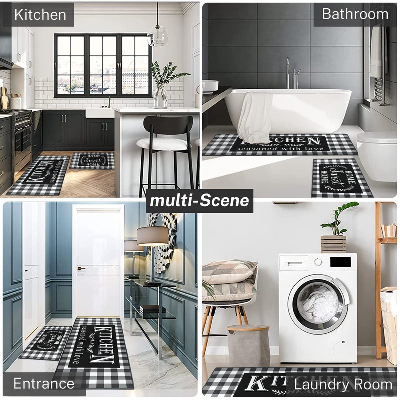 ArtSocket Kitchen Rugs and Mats Non Skid Washable Set of 2, Black White Buffalo Plaid Runner Rug, Farmhouse Quotes Home Kitchen Floor Mat Under Sink Mat Throw Rug for Doormat