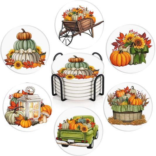 Britimes Coaster for Drinks Set of 6, Fall Leaf Thanksgiving Autumn Pumpkin Absorbent Round Ceramic Stone Mat, with Cork Base and Metal Holder, Gift for Housewarming Room Bar Decor