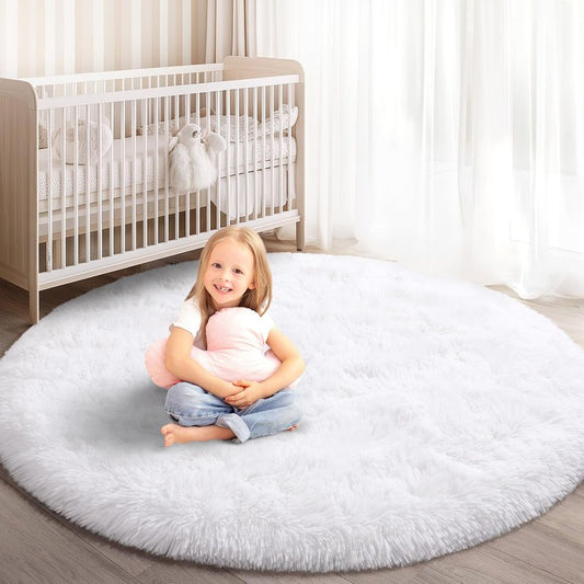 KIXINWA Round Rug for Bedroom, 4x4 Fluffy Soft Circle Area Rugs for Kids Girls Nursery Room, Washable Plush Shaggy Indoor Floor Bedside Living Room Circular Carpet, Home Decor Aesthetic, White