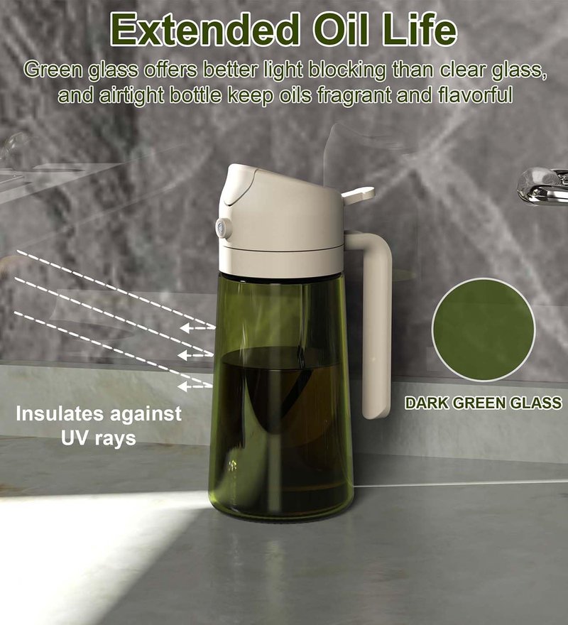 ZEREN 2 in 1 Glass Oil Dispenser & Sprayer, 16oz/470ml Glass Olive Oil Sprayer with Silicone Protective Pad, Cooking Oil Sprayer Bottle for Kitchen Gadgets and Air Fryer Accessories