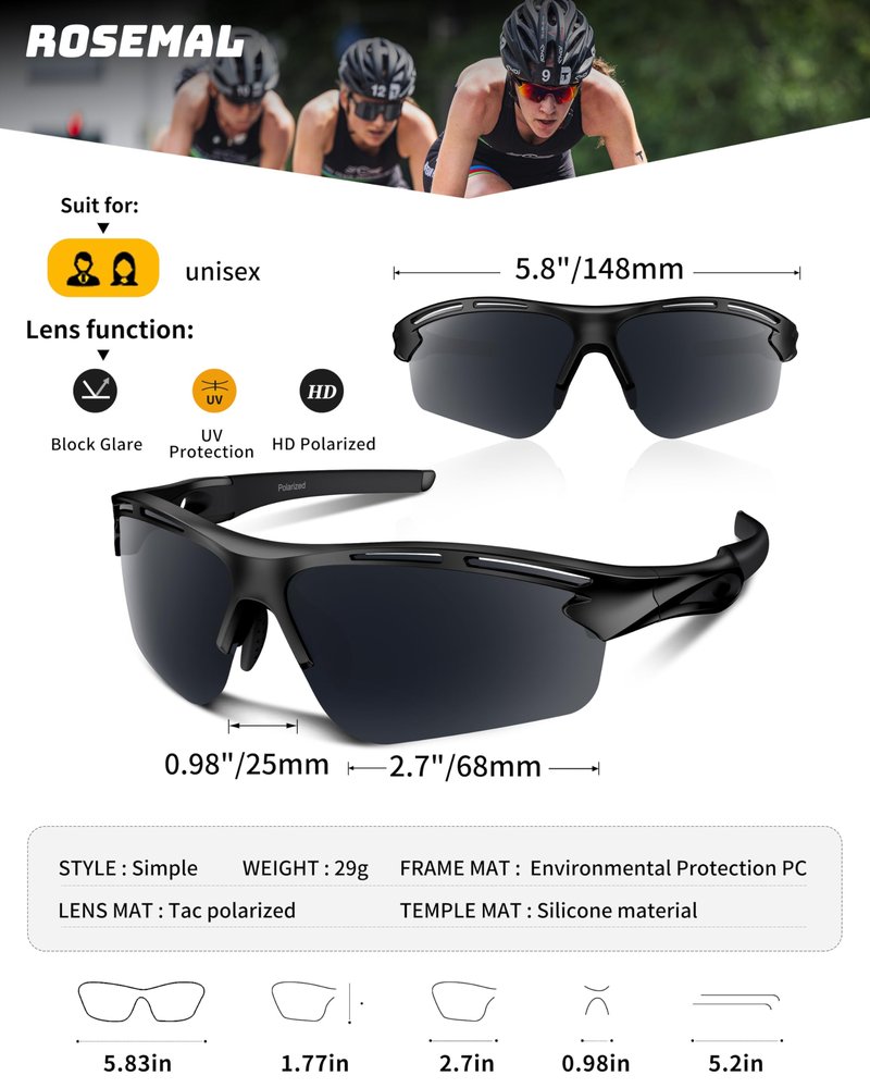 Rosemal Polarized Sunglasses for Men Women,TR90 Sport Sunglasses, UV400 Protection, Anti-Slip/Anti-Fog for Running, Cycling, Fishing, Driving Golf