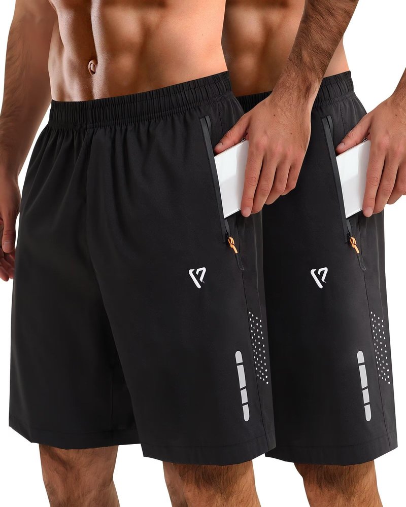 FIONECA 2 Pack Mens Athletic Shorts Quick Dry 7 Inch Running Shorts Breathable Mesh Gym Workout Shorts with Zipper Pockets(Black&Black,M