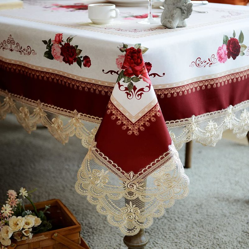 SUTAVIA Lace Embroidered Table Cloth,Rectangular Farmhouse TableCover,Classic Oblong Antique Flower Decor Macrame Tablecloth (Burgundy, Rectangle/Oblong,60 x 84 Inch,6-8 Seats)