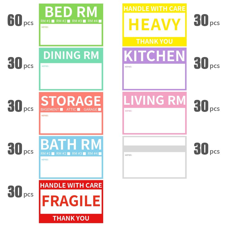 Ououstate 300 Count 2” x 3’’ Removable Home Moving Box Packing Labels for 1/2/3/4 Bedroom Rooms, 9 Designs Waterproof Color-Coded Moving Stickers Including Fragile 、Heavy and Blank Labels