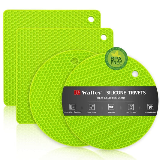 Walfos Silicone Trivet Mats - 4 Heat Resistant Pot Holders, Multipurpose Non-Slip Hot Pads for Kitchen Potholders, Hot Dishers, Jar Opener, Spoon Holder, Food Grade Silicone & BPA Free (Green)