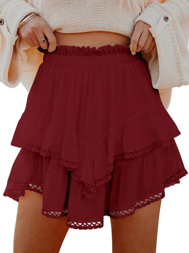 Aoudery Flowy Shorts for Women Casual Boho Ruffle Tiered Skorts High Waist Mini Skirts Golf Tennis Butterfly Crochet Shorts - Red M