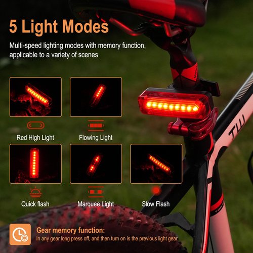 BORUIT Bike Lights for Night Riding,USB Rechargeable Bike Tail Light IP65 Waterproof 1200mah Bicycle Rear Light Easy to Install Road Mountain City Commuting Adventure Cycling Safety Flash 5 Modes