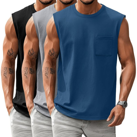 Huukeay 3 Pack Cotton Men's Big and Tall Sleeveless Tank Tops Muscle Shirts Gym Casual Workout Tees with Pocket(Black, Light Gray, Blue,X-Large)