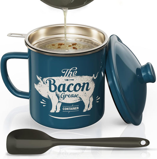 Skiennix Bacon Grease Container - 46oz Enamel Keeper with Strainer & Silicone Spatula | Dishwasher Safe - Blue