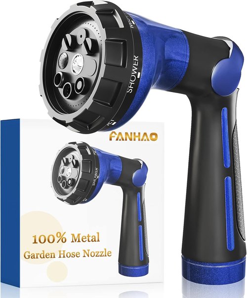 FANHAO Heavy Duty Metal Garden Hose Nozzle - 8 Spray Patterns with Thumb Control | Blue