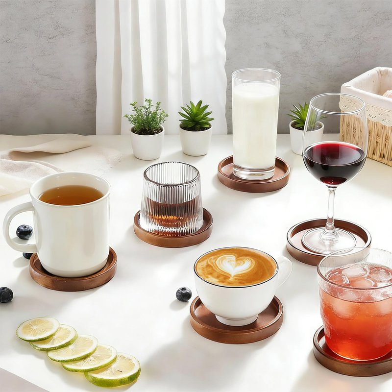 Wood Drink Coasters with Holder, Set of 4, Natural Absorbent Wooden Coasters for Drinks, Modern Rustic Farmhouse Office Bar Decor, Coffee Table Cup Coaster