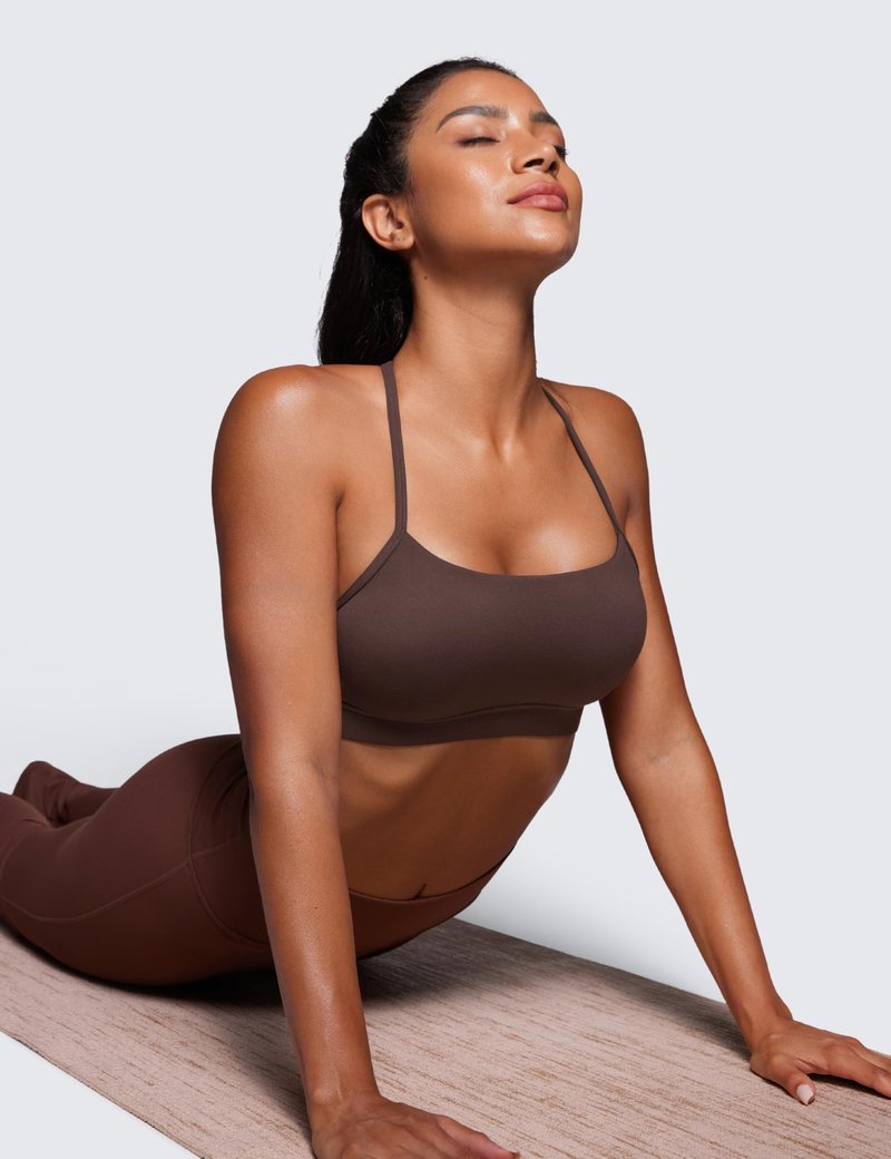 CRZ YOGA Butterluxe Y Back Sports Bras for Women - Padded Racerback Low Impact Spaghetti Thin Strap Workout Yoga Top Hot Fudge Brown Large