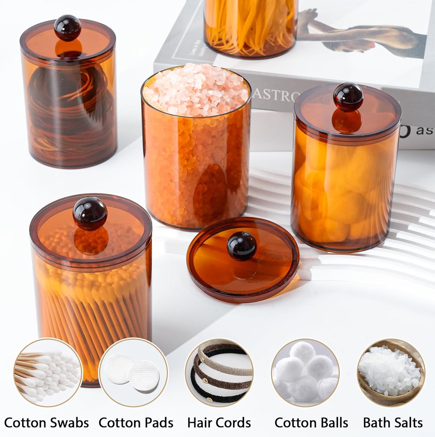 XIPENGKEJI Qtip Holder Set - 4 Pack Apothecary Jars with Lids for Cotton Swabs & Pads | 10oz-12oz Brown