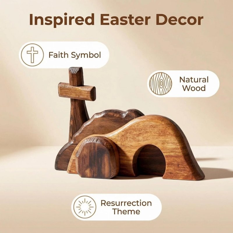 Wooden Easter Tomb Scene with Cross - Empty Tomb Decor for Home Office Desktop, Religious Resurrection Cross Jesus Nativity Set, Christian Easter Decoration He is Risen Gift (Style A)