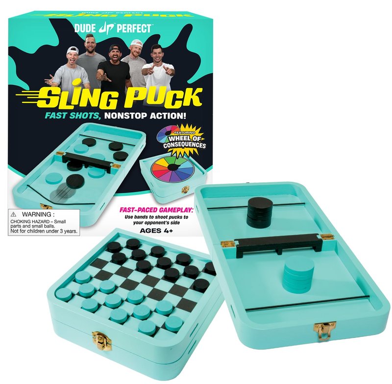 Dude Perfect Sling Puck & Checkers Game Set: Fast-Paced Action for Kids and Adults, Perfect for Family Game Nights, Parties, and Gifts, Ages 4+