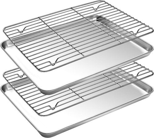 CEKEE Stainless Steel Baking Sheet Set - Heavy Duty Cookie Pans with Cooling Racks | 9 x 7 Inch, Dishwasher Safe