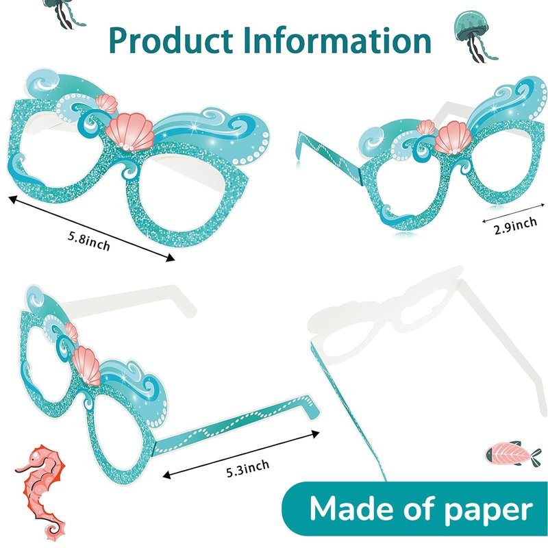 Tenare 24 Pieces Mermaid Party Decorations Paper Mermaid Themed Paper Eyeglasses Under The Sea Summer Beach Photo Booth Props Birthday Party Baby Shower Supplies