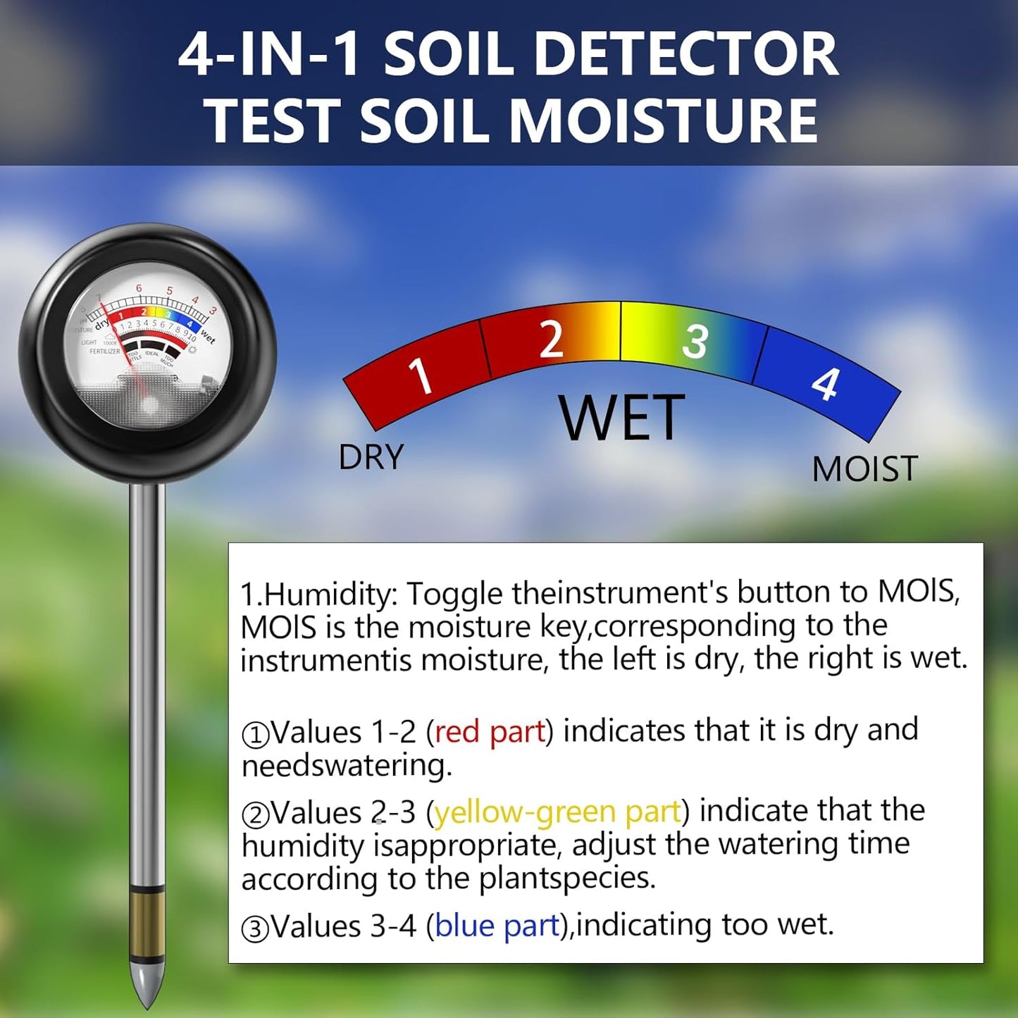 Skiennix 4-in-1 Soil Tester - Battery-Free PH, Moisture, Light & Fertilizer Meter for Garden & Lawn