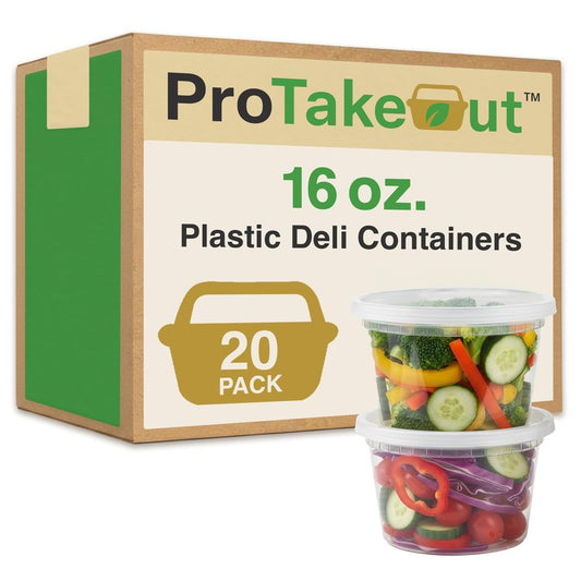 ProTakeOut 16oz [20 set] Heavy Duty Plastic Deli Container | BPA-Free Food Storage with Airtight Leak‑Proof Lids | Microwave, Freezer & Dishwasher Safe – Stackable, Bulk Reusable Soup & Meal Prep Tub