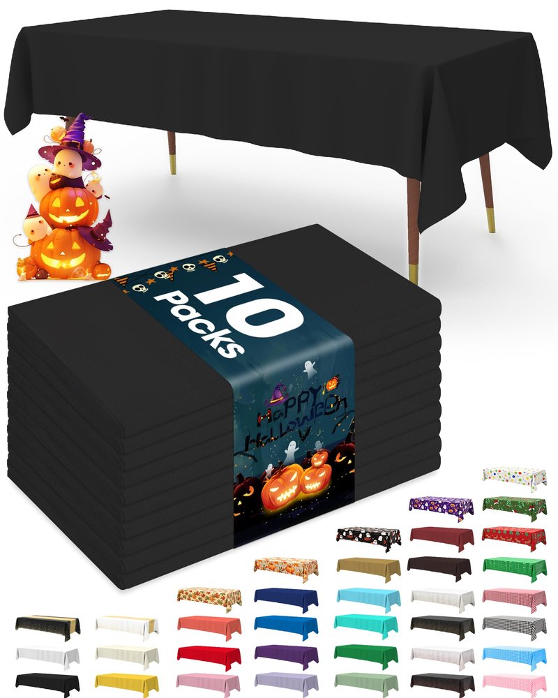 Pureegg Plastic Table Cloth Disposable 10 Pack, 54 x 72 Inch Table Cloths, Halloween Party Decorations, Summerween Decor, Halloween Tablecloths, Rectangle, Plastic Cover, Leakproof & Sturdy, Black