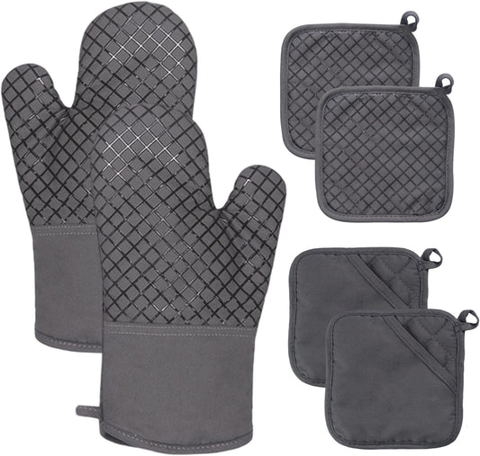 Skiennix Oven Mitts Set - 4 Pcs High Heat Resistant Kitchen Mitts & Pot Holders | Grey, Silicone Non-Slip