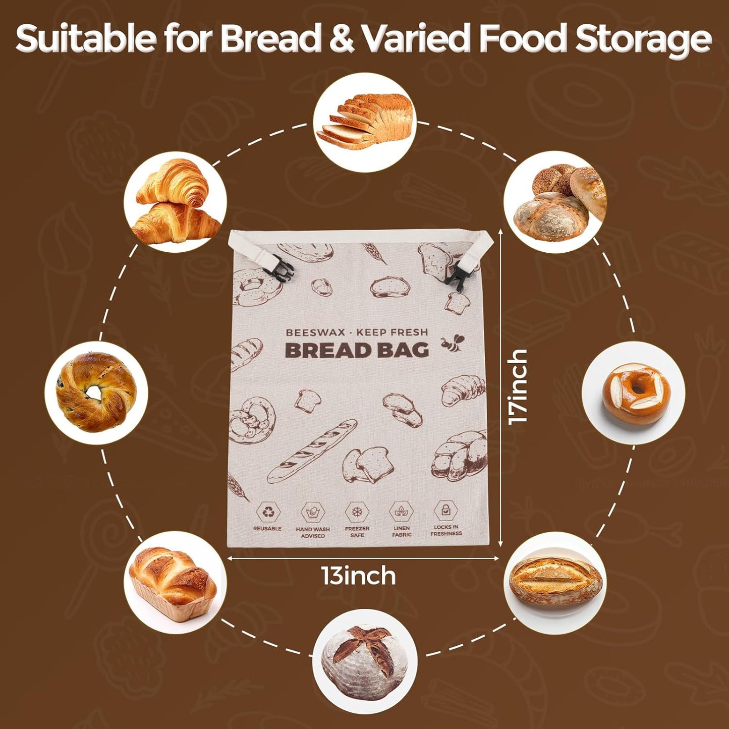 YARRAMATE Beeswax Bread Bags - Reusable Linen Food Storage for Fresh Homemade Sourdough | Large 17x13", 2 Pack