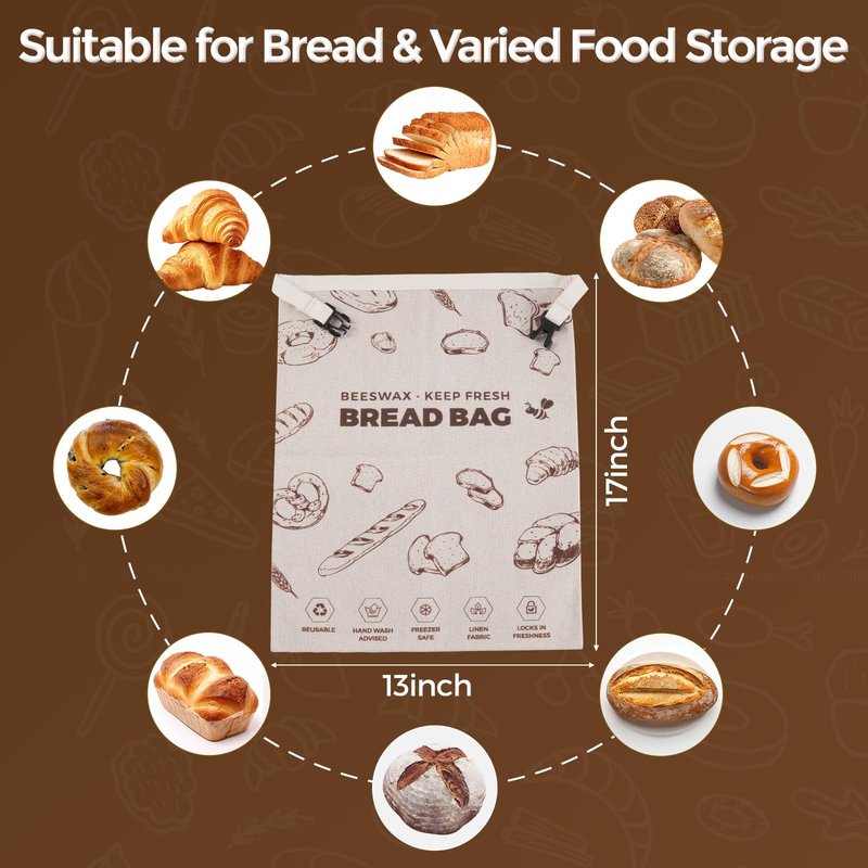 YARRAMATE Beeswax Bread Bags for Homemade Sourdough, Zipper Reusable Linen Food Storage Bags to Keep Loaf Fresh, Large Freezer Safe and Eco Friendly Bread Containers (Brown, 17x13", 2 Pack)