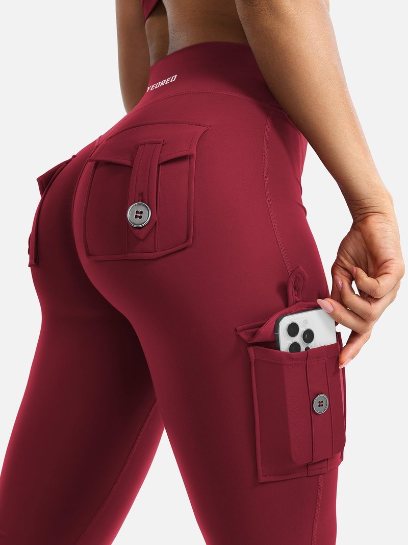 YEOREO CoreFlex Women Workout Flare Leggings with Pockets Hidden Scrunch Cargo Gym Yoga No Front Seam Leggings Wine L