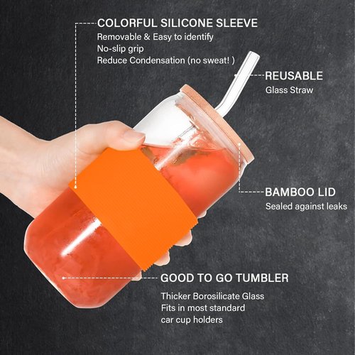 DAMCONME Glass Coffee Cup with Lid and Straw, 16 oz Reusable Glass Tumbler with Bamboo Lid, Orange Silicone Sleeve and Cleaning Brush, for Iced Coffee and Cold Brew, Orange