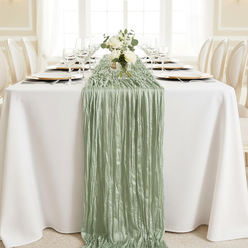 Sage Green Table Runner 35x120 Inch Cheesecloth Table Runner 3 Pack for Baby Shower, Boho Decor, Wedding Decoration, Jungle Theme Party