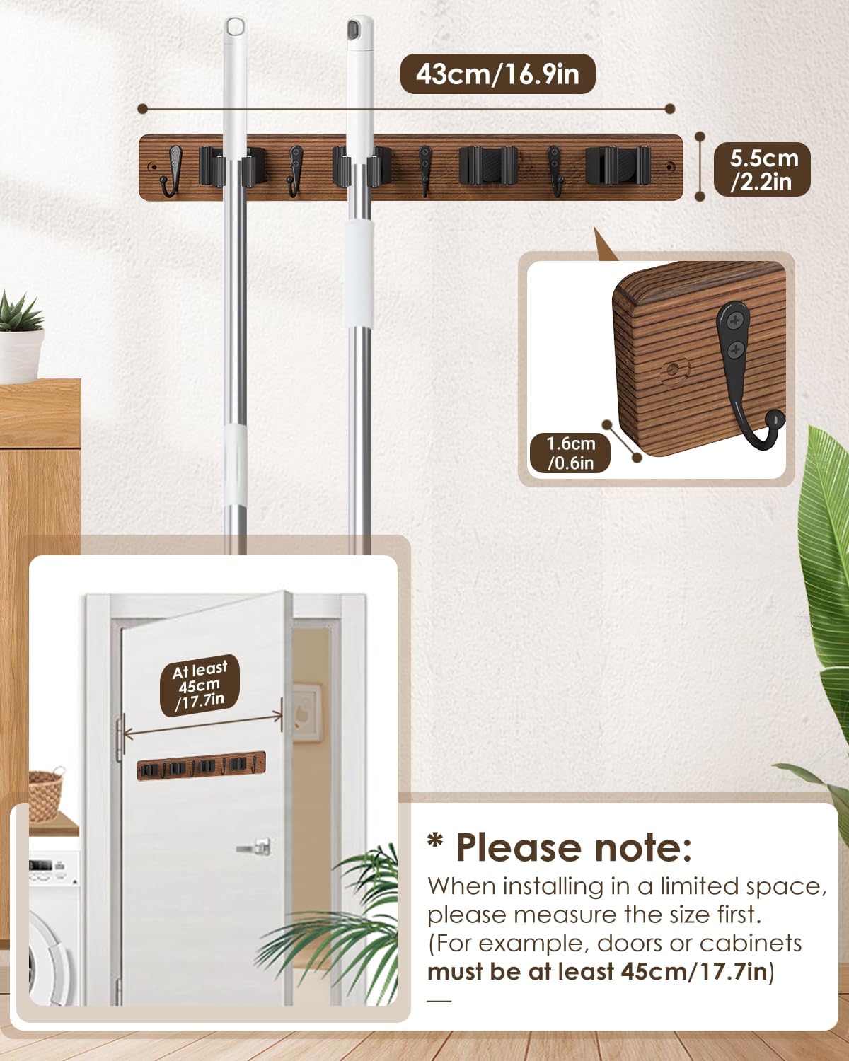 Skiennix Wall Mounted Broom Holder - 4 Holders & Hooks for Easy Mop Storage | Natural Pine Wood