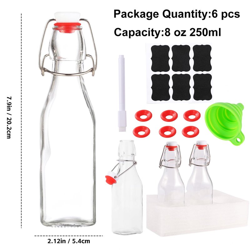 VSWINGBO 6 pack 8oz flip top glass bottles,swing top glass bottles 8 oz with lid for Home Brewing,2nd Fermentation,Kombucha,Kefir,Vanilla Extract,Juice,Tea,Beverages,Soda,Oils,Vinegar,Limoncello