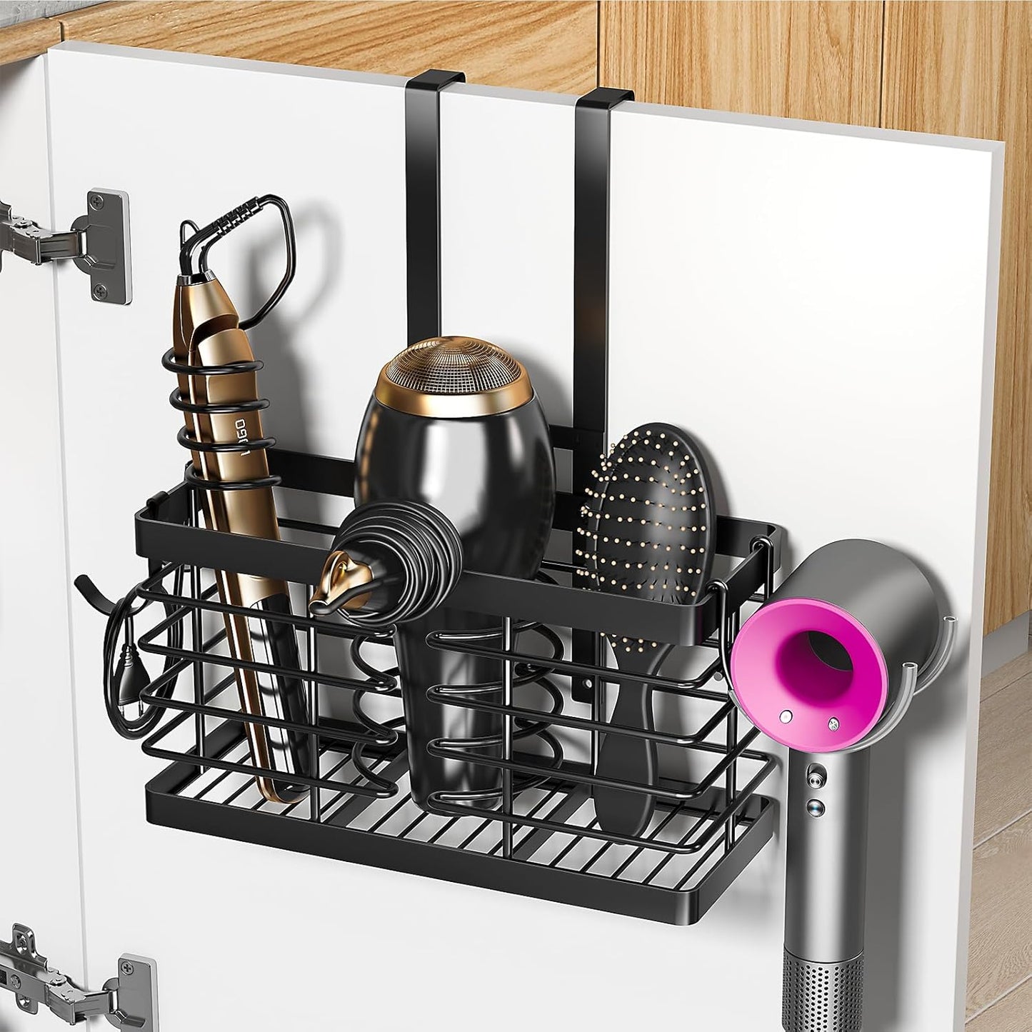 Sevenblue Hair Tool Organizer - 3-in-1 Adjustable Height Blow Dryer Holder | Wall Mounted & Free-Standing (Black)