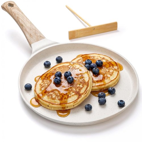 Hiceeden Nonstick Crepe Pan with Spreader, 10-Inch Tortilla Pan with Detachable Handle, Ceramic Coating Pancake Dosa Tawa Griddle Pan, for All Stove, Induction Compatible, PFOA Free (White)