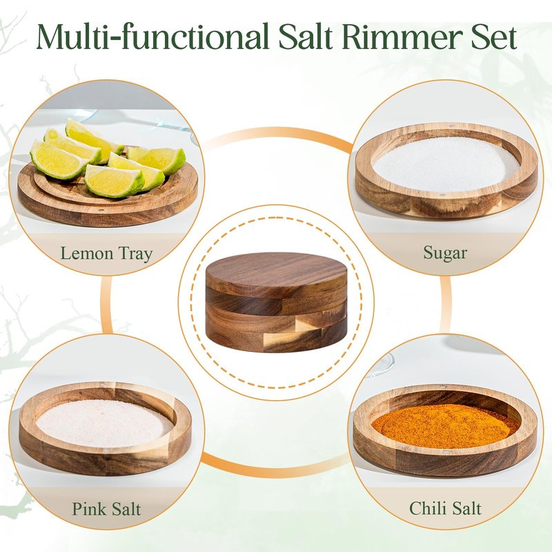 USEEKRIL 3-Tier Acacia Wooden Margarita Salt Rimmer Set,Salt&Sugar Rimmer for Cocktails Drinks,Cocktail Glass Rimmer Tools with Magnetic Swivel Lid for Bartenders,Home Bar,Parties