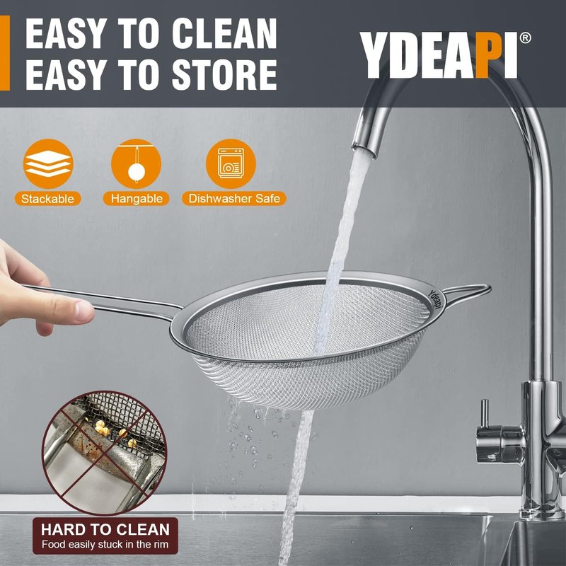 Ydeapi Fine Mesh Strainer, Stainless Steel Kitchen Strainers with Sturdy Handle, Set of 4 Metal Sieve for Food, Rice, Quinoa, Tea - 8.6", 6.3", 4.6", 2.7"