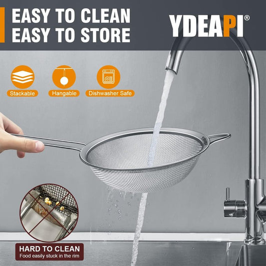 Ydeapi Fine Mesh Strainer, Stainless Steel Kitchen Strainers with Sturdy Handle, Set of 4 Metal Sieve for Food, Rice, Quinoa, Tea - 8.6", 6.3", 4.6", 2.7"