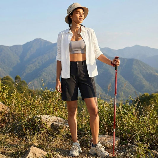Oalka Women's Hiking Cargo Shorts Bermuda Lightweight Golf Camping 9" Long Shorts with Pockets Quick Dry Black XL