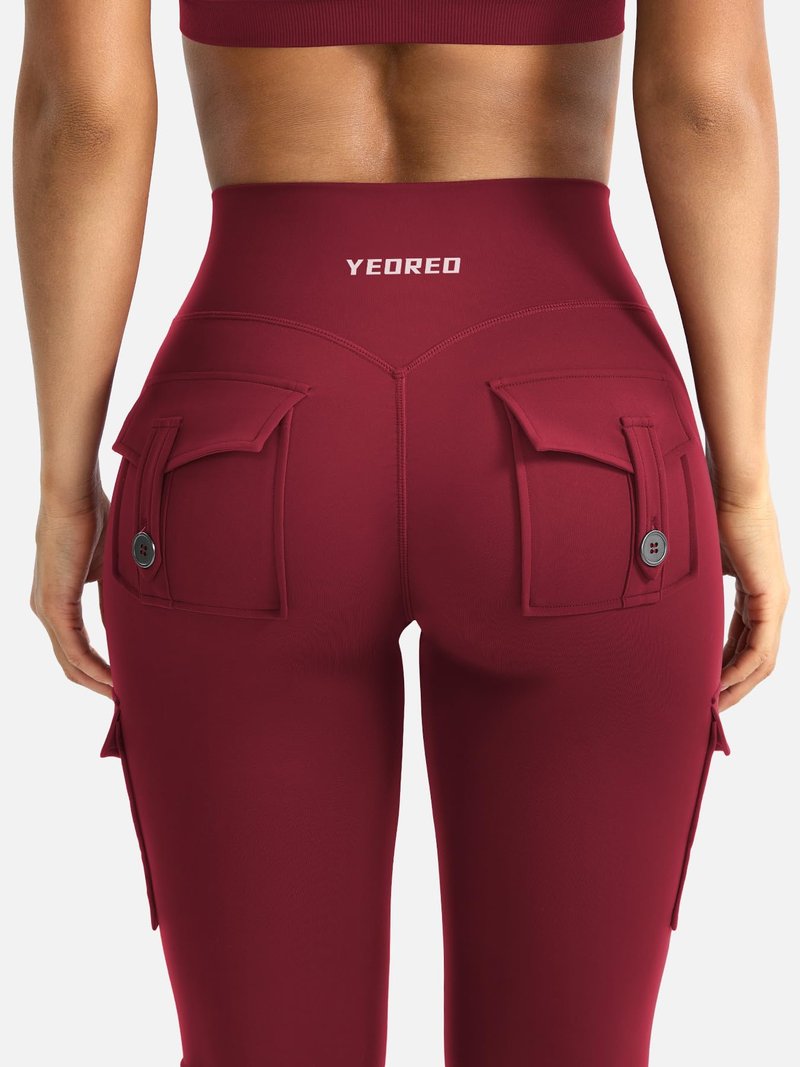 YEOREO CoreFlex Women Workout Flare Leggings with Pockets Hidden Scrunch Cargo Gym Yoga No Front Seam Leggings Wine L