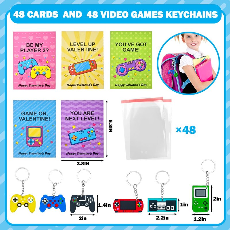Bulk Valentines Non Candy Gifts Toys Party Favors for Kids School, 48 Pack Valentines Video Game Keychains Exchange Cards for Boys Girls, Goodie Bag Stuffers Fillers Games Activities for Students