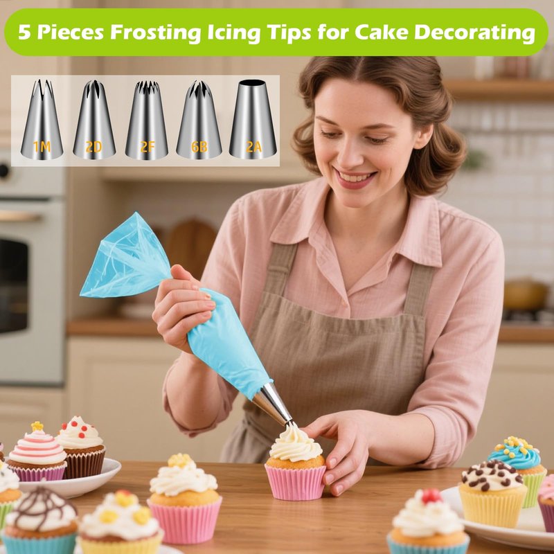 Suuker Large Piping Tips Set, Seamless Stainless Steel Cake Decorating Tips, Pastry Tips and Piping Bags, Frosting Icing Tips for Baking Cupcakes, Cake, Cookie (1M 2D 2F 6B 2A)