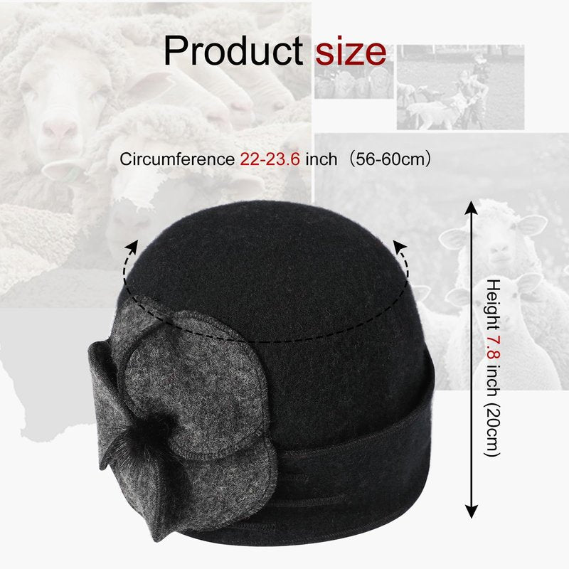 Sumolux Beanie Hats for Women Wool Skull Cap Beret Floral Cuffed French Vintage Dress Cloche Classic Winter 1920s Black Grey