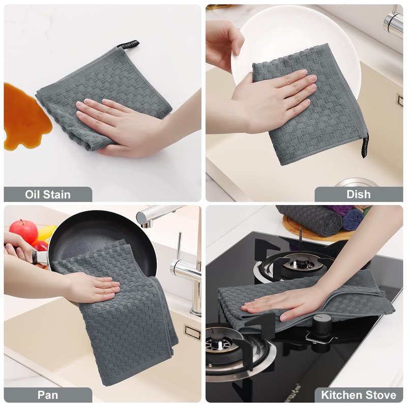 Homaxy 100% Cotton Kitchen Towels and Dishcloths Set, 12 x 12 & 15 x 25 Inches, Set of 8 Bulk Terry Cloth Dish Towels, Super Soft and Absorbent Hand Towel with Hanging Loop, Dark Grey