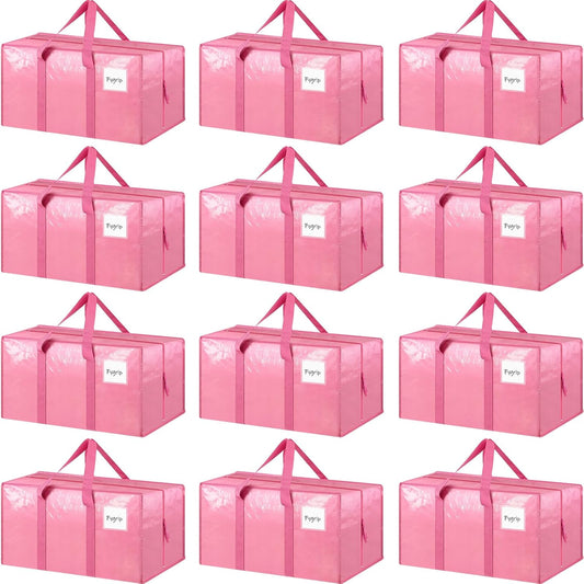 Skiennix Extra Heavy Duty Moving Bags - 12 Pack with Strong Zipper & Comfortable Handles | Durable Pink Storage Totes