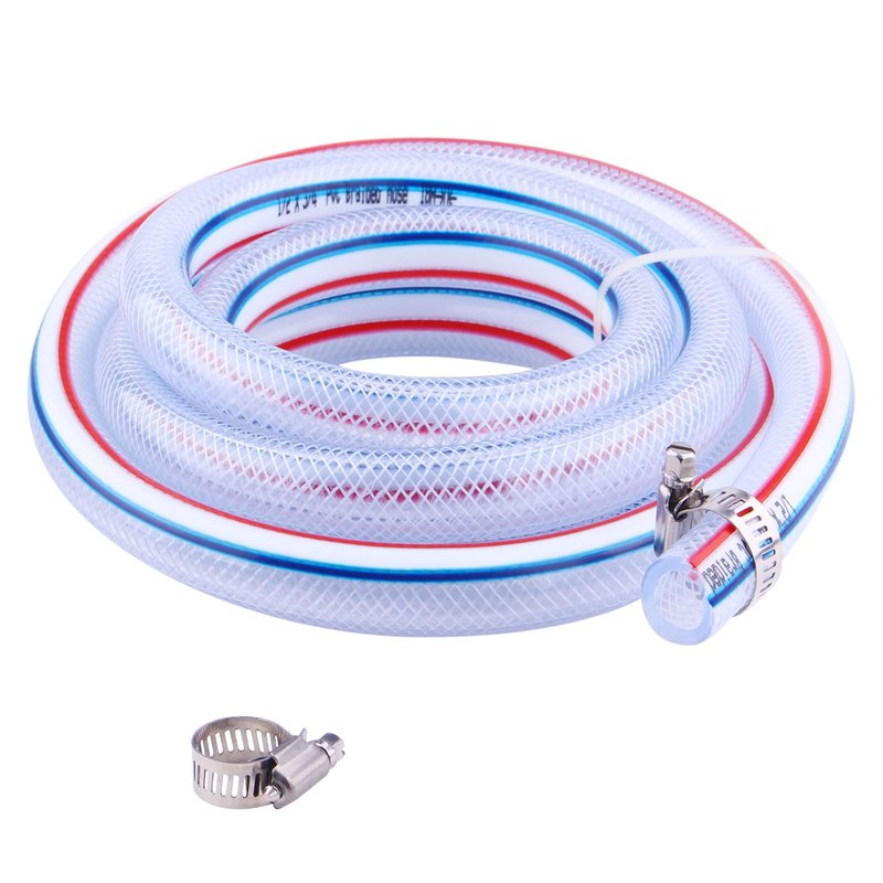 DERPIPE Soft Braided PVC Tubing - 1/2" x 3/4" OD High Pressure Clear Flexible PVC Tube Reinforced Vinyl Hose for Water, Oil with 2pcs Hose Clamps (10Ft)