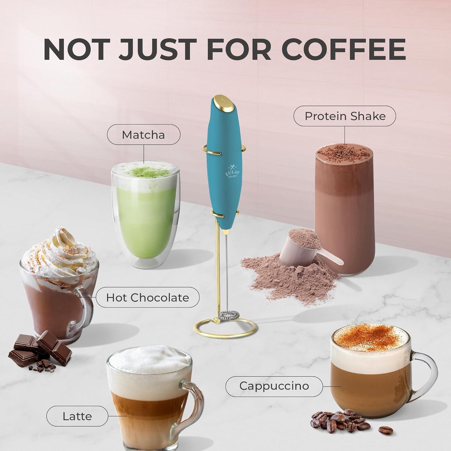 Zulay Kitchen Milk Frother Wand - Ultra-Fast Handheld Drink Mixer with 4 AA Batteries - Lake Gold