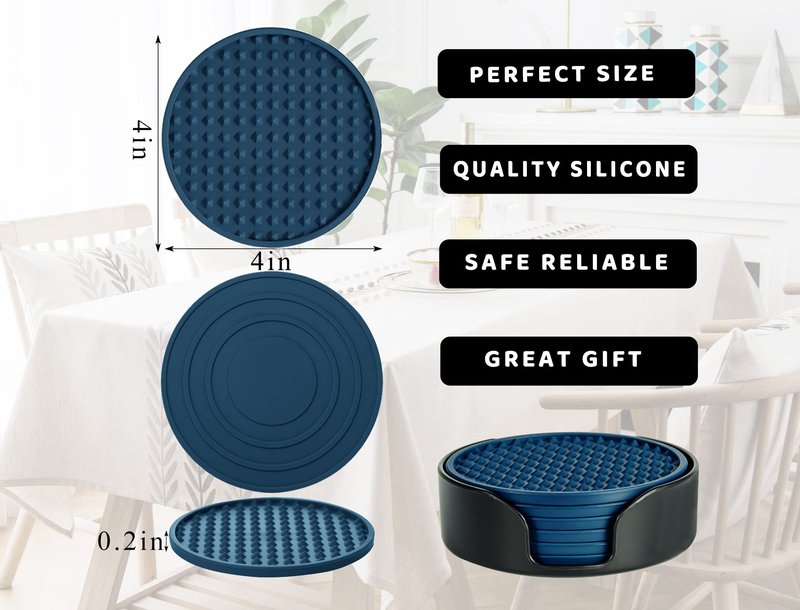 KEHOUXRE Coasters for Drinks 6 Pcs Drink Coaster with Holder,Heat Resistant Silicone Cup Mat Tabletop Protection,Non-Slip Rubber Coasters for Kinds of Cups (Blue)